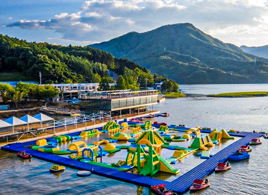 A panorama view of the outdoor water park Water Lesiure V in Gapyeong, South Korea