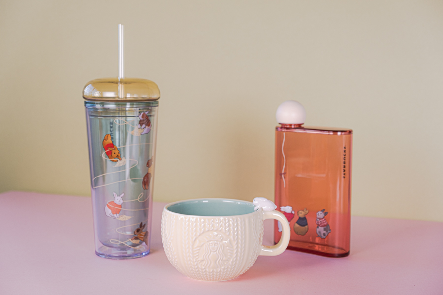 A tumbler, mug and bottle from Starbucks new Mid-Autumn Fuzzy Bunny Collection