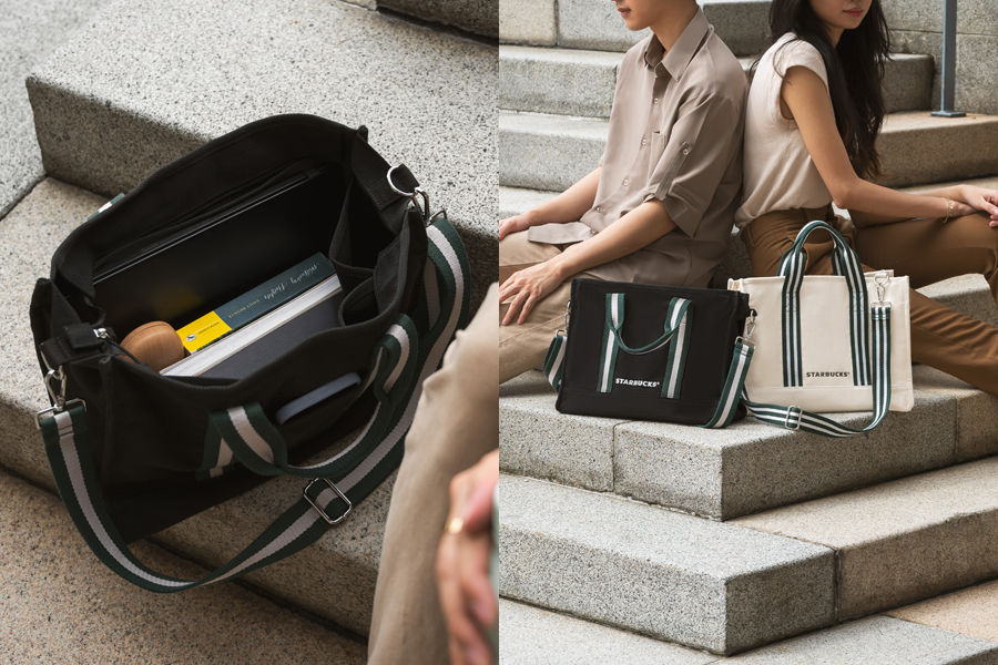 Product pictures of the exclusive Starbucks canvas tote bags in black and white