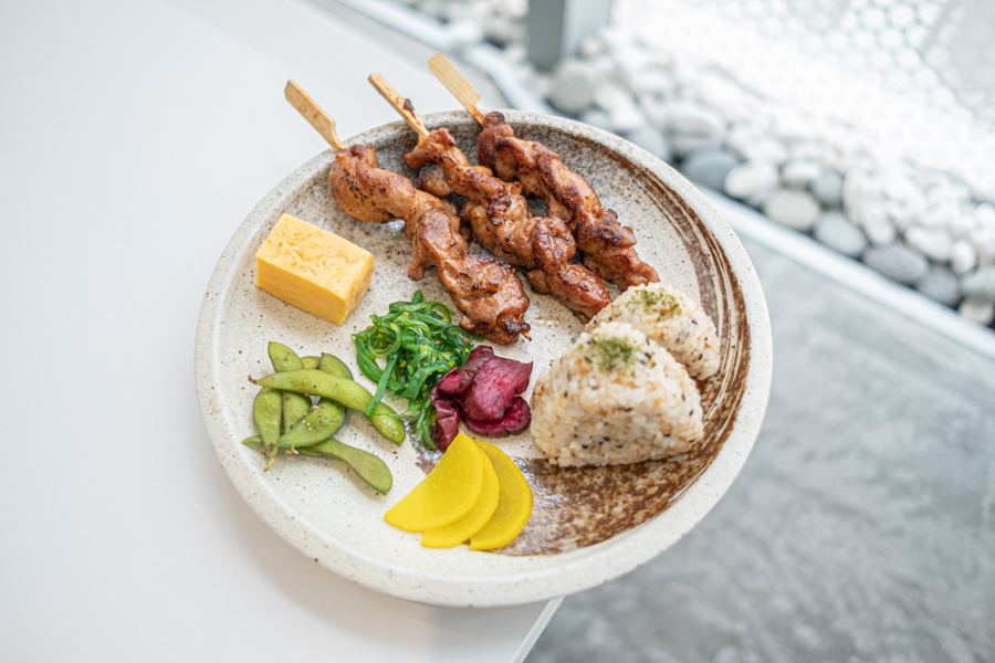 Cafe Gui's dish 'Chicken', with yakitori chicken skewers, furikake rice balls and toppings