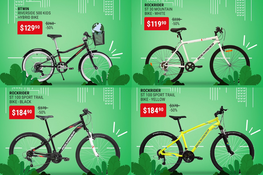 Different mountain bikes and children's bikes on discount at Decathlon 