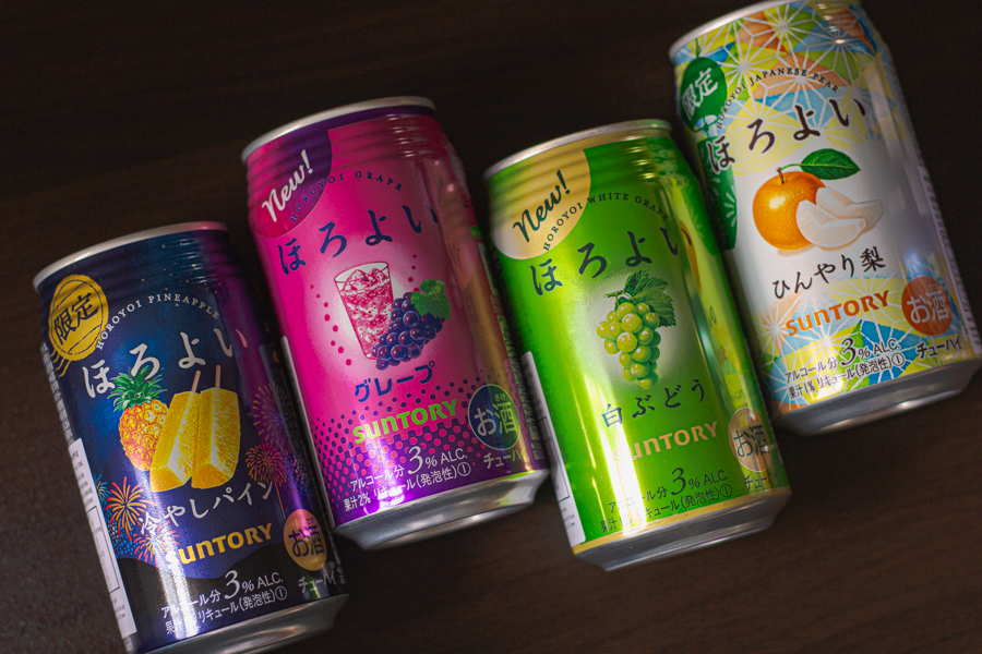 A selection of Suntory’s Horoyi Shochu Cocktails in the flavours Pineapple, Grape, White Grape and Pear