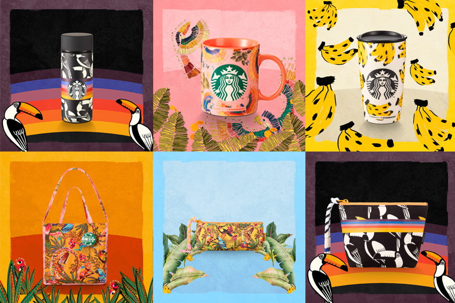 The limited-time Starbucks collaboration with Brazilian lifestyle brand FARM Rio with mugs, tumblers and bags