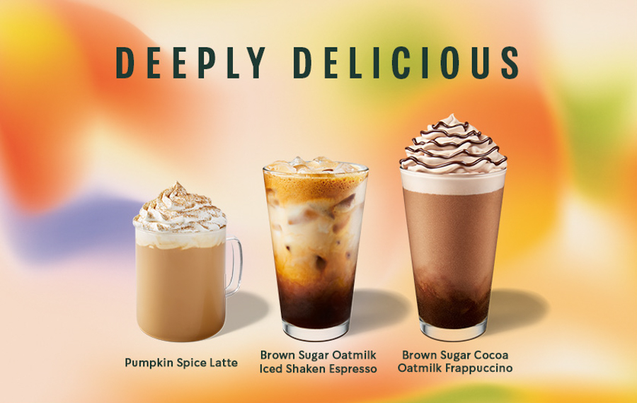 The new Starbucks drinks Pumpkin Spice Latte, Brown Sugar Oatmilk Iced Shaken Espresso and Brown Sugar Cocoa Oatmilk Frappuccino