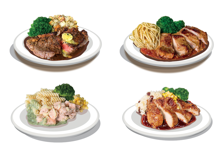 A collage of the new menu items by 7-ELEVEN and Andes By Astons including a steak meal, chicken chop with pasta, cream salmon fusilli and more