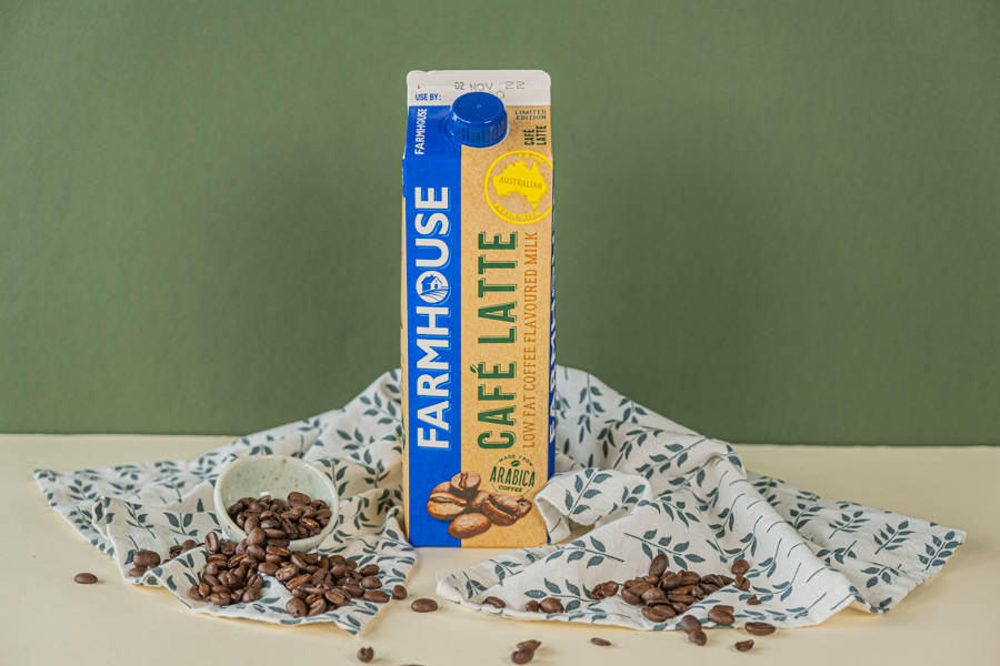A carton of the new Farmhouse Cafe Latte Low Fat Flavoured Milk