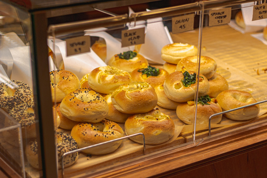An assortment of Korean bagels on display at B For Bagel 
