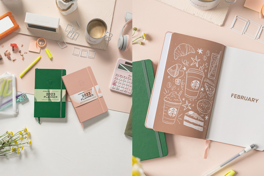Dark green and light pink hard cover planners by The Paper Bunny and Starbucks