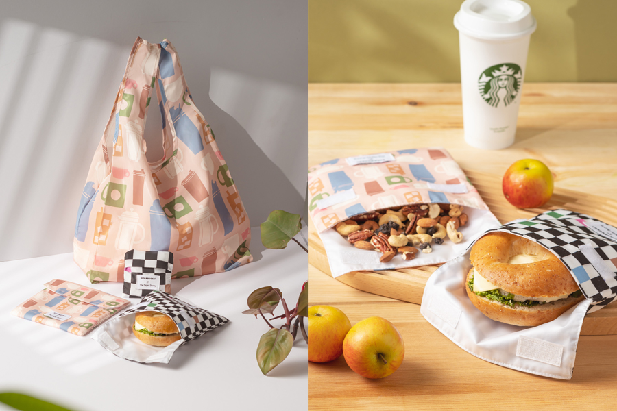 Reusable tote bags and sandwich bags by The Paper Bunny and Starbucks