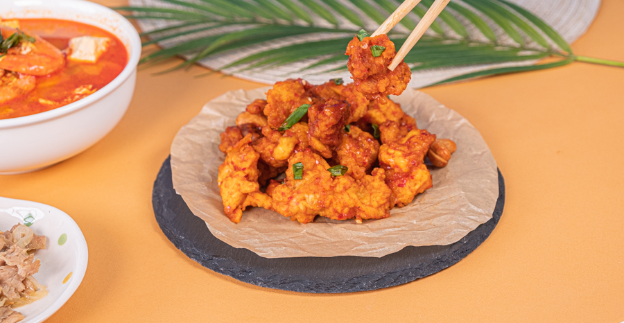 A plate of Dakgangjeong, or Korean sweet-spicy fried chicken