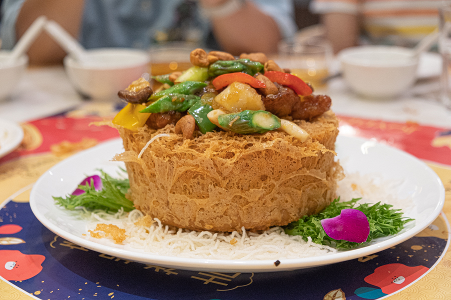 Crispy Homemade Yam Ring with Pork Loin & Fresh Scallops in XO Sauce