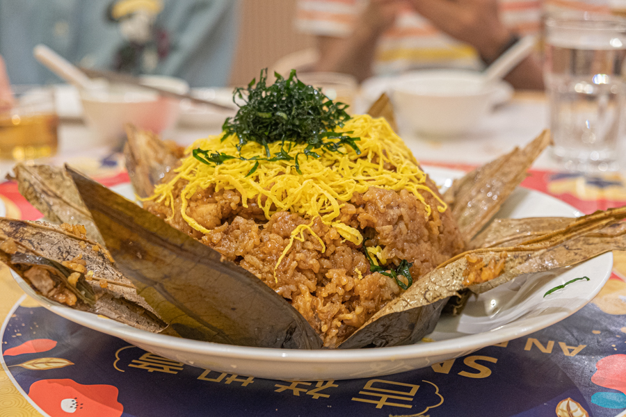 Steamed Fragrant Glutinous Rice with Yam and Chinese Sausage Topped with Crispy Kai Lan 