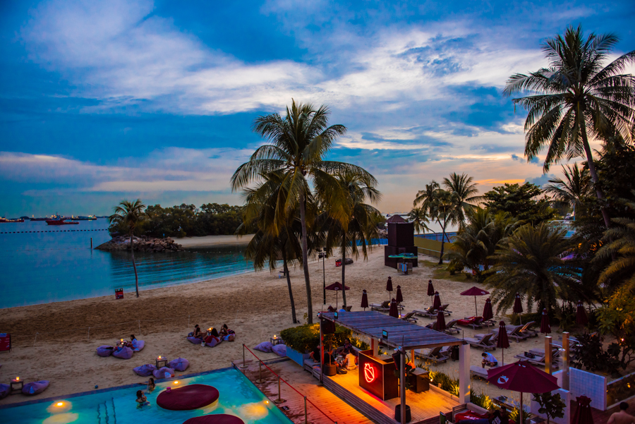 A sunset view of the Rumours Beach Club in Sentosa