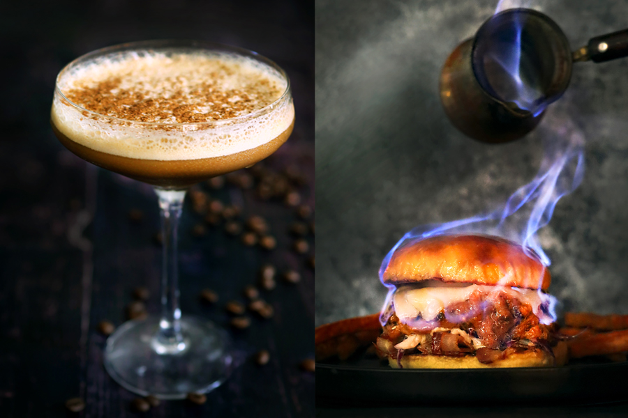 A cocktail and burger from the Oriole Cafe x Jack Daniels collaboration