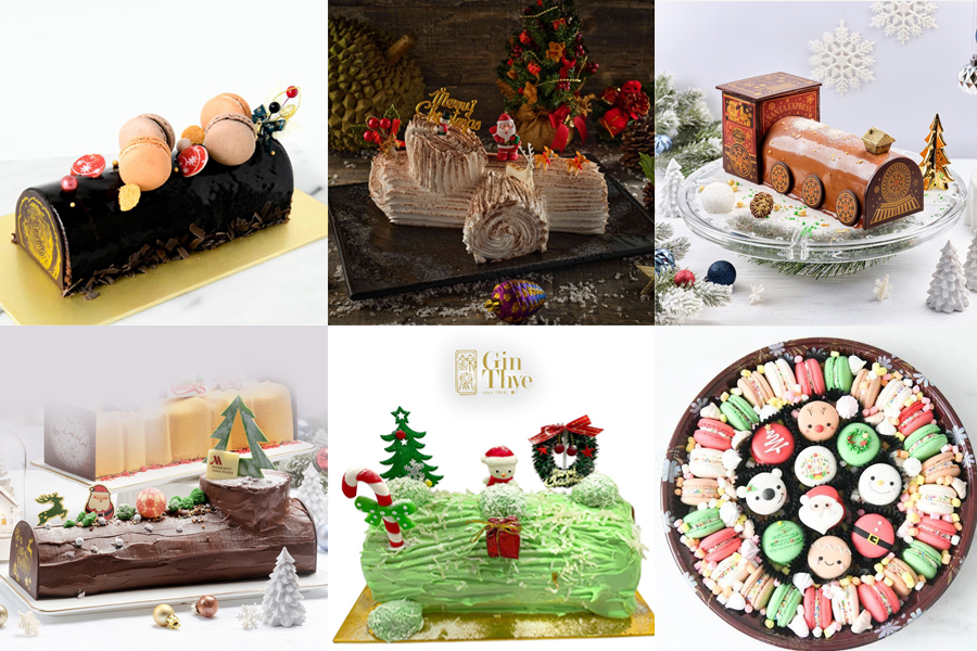 A selection of log cakes and festive desserts available on Shopee with discounts