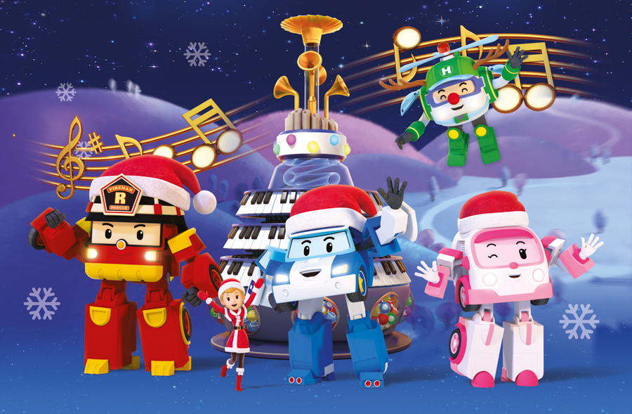 A poster of ROBOCAR Poli characters in Christmas costumes for i12 Katong