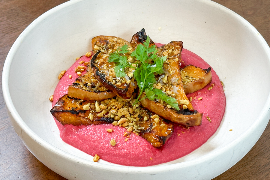 Roasted Butternut Squash with Pink Beet Hummus