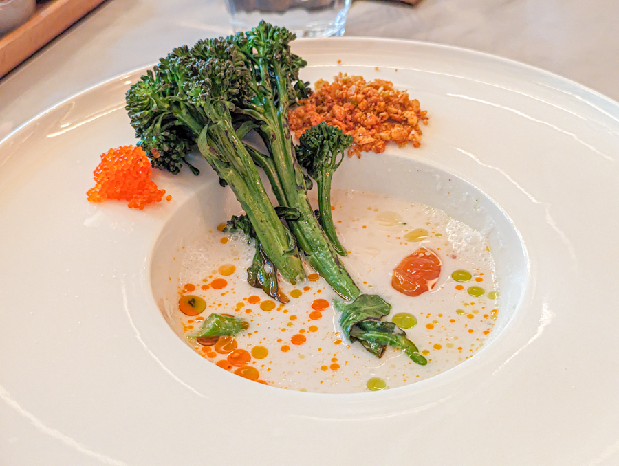 Raw Coconut Milk & Broccolini Adorned with Flying Fish Roe