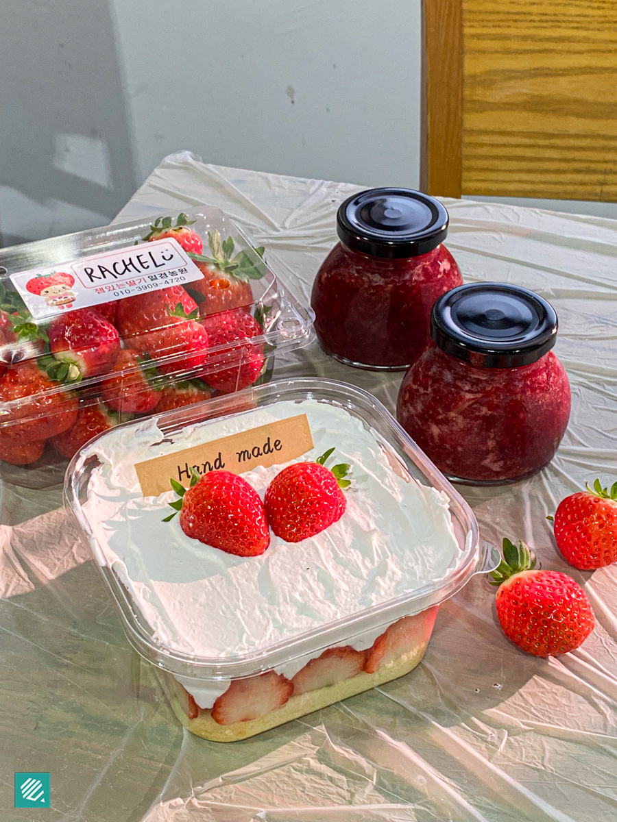 Strawberry jam, strawberry cake and fresh Korean strawberries