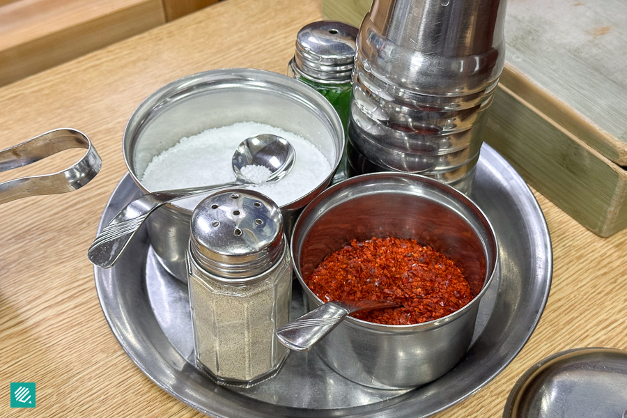 Seasoning On Table for Seolleongtang - Red Pepper Flakes, Salt and Pepper