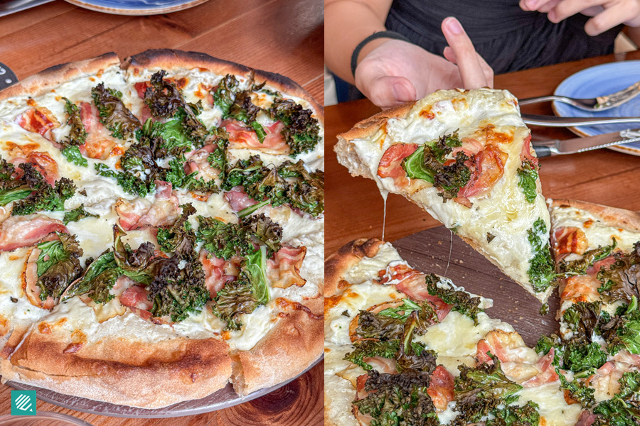 Pura Brasa-Pancetta and Kale Pizza with Sour Cream