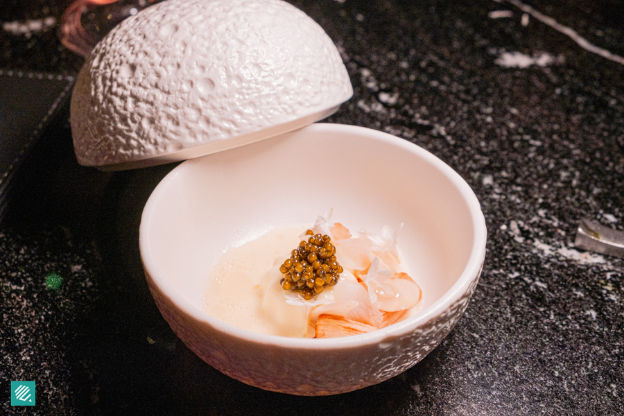 QĪN Restaurant & Bar- 'Xing Ren Dou Fu', White Asparagus, Nomad Caviar, Almond;