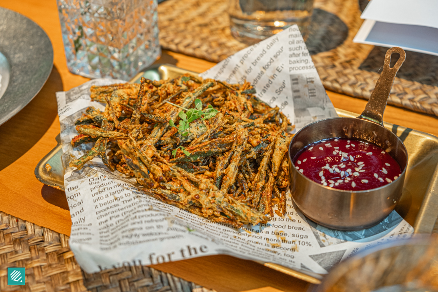 Togarashi Tossed Bhindi Jaipuri, or fried okra