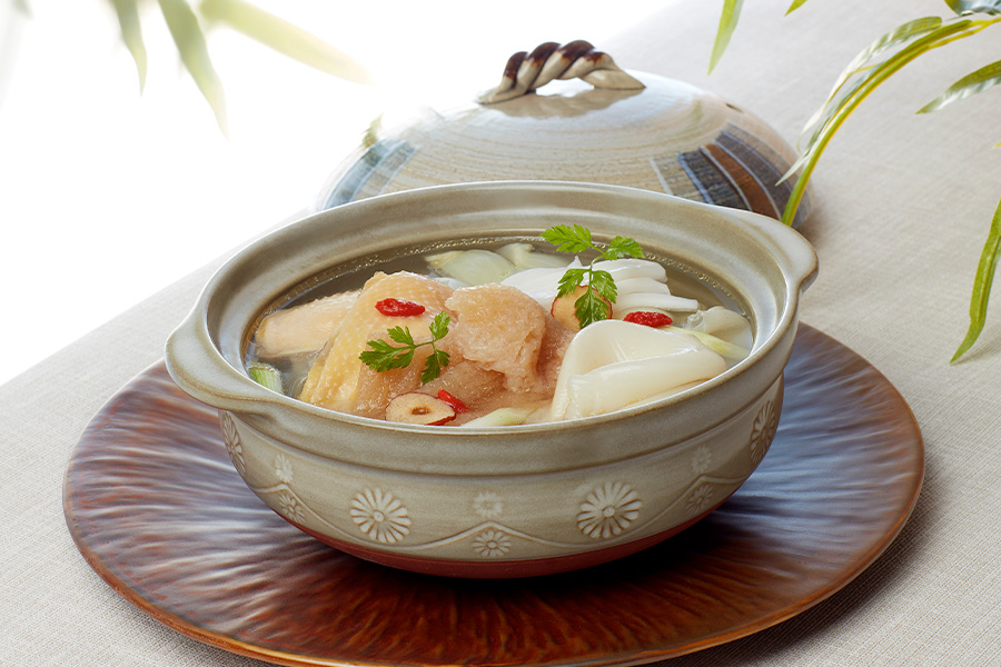 Double-boiled Fish Maw with Coconut Water, Baby Cabbage & Bamboo Pith in Chicken Soup