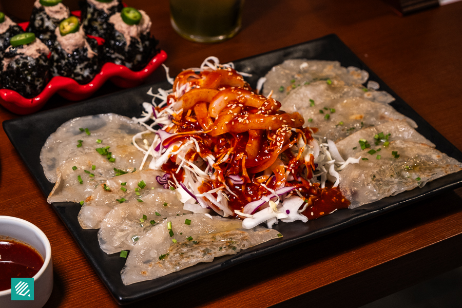 Flat Dumplings with Sweet & Spicy Squid Salad