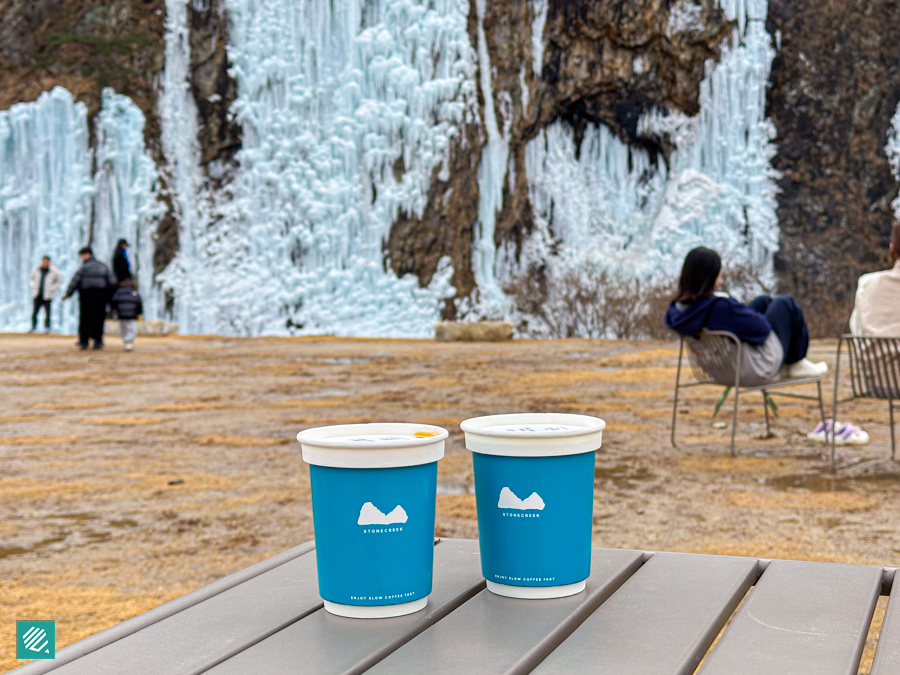 Coffee in front of the ice formation in Wonju, Korea