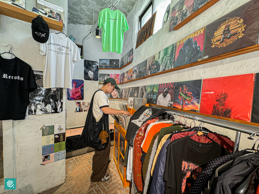 LP records and vintage shirts on sale in LP Cafe Tone