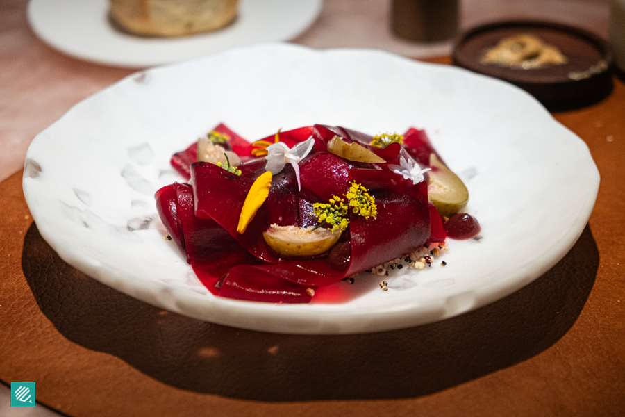 Starter. Sous vide beetroot with beetroot sorbert and puffed quoina