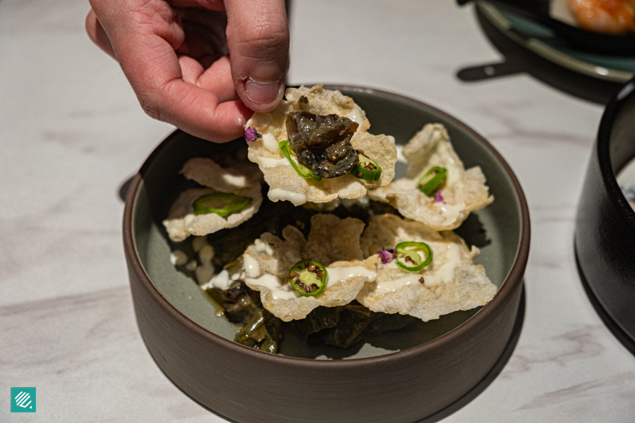 Smashed Grilled Sheep’s Horn Pepper with Century Egg