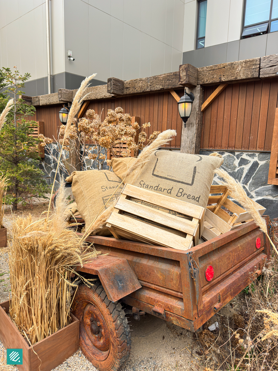 Rustic decor outside Standard Bread Seongsu