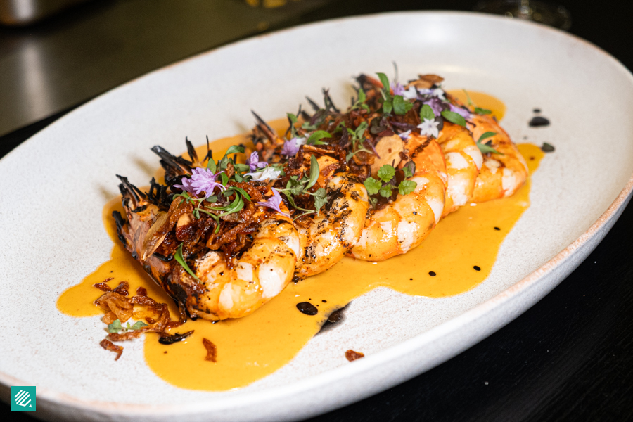 One Prawn & Co Jumbo Tiger Prawns, Sakura Vermouth, Burnt Leek Oil