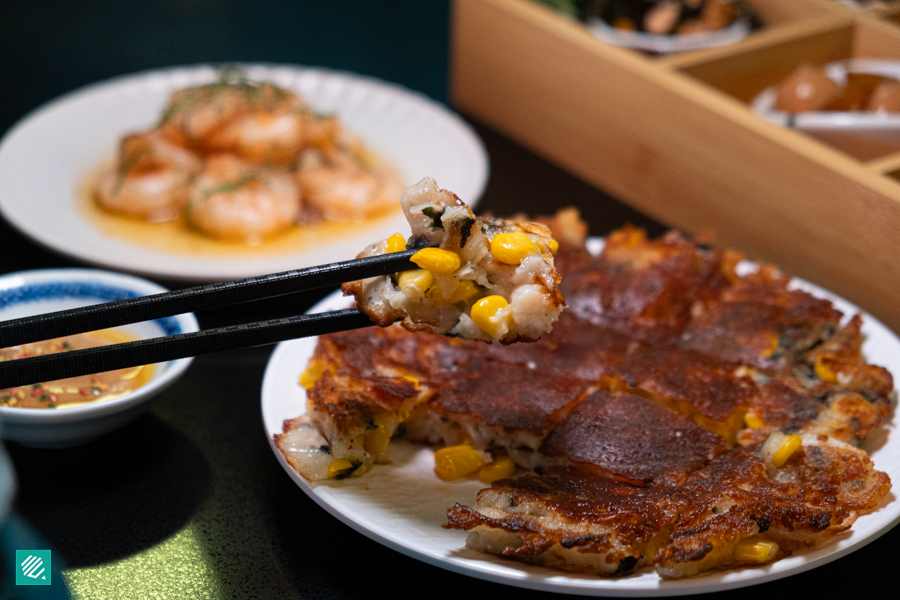 Gambas Al Ajillo, Corn, Scallop, and Cheese Pajeon