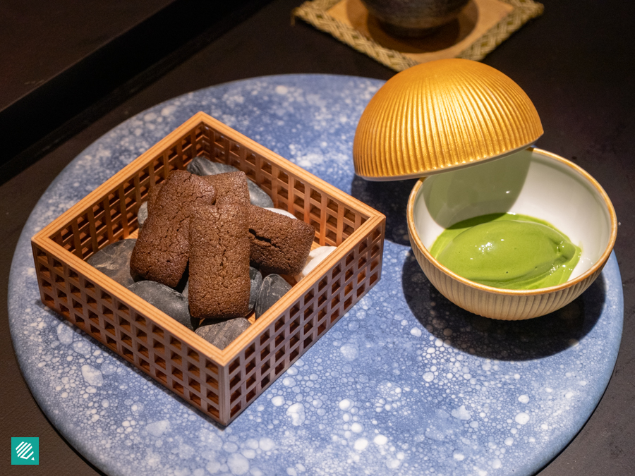 Hojicha financier and matcha ice cream