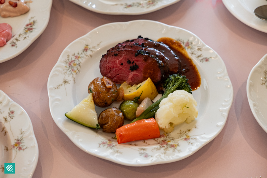 Black Trumpet Mushroom Crusted Beef Tenderloin With Red Sauce and Roasted Vegetables & Potatoes With Garlic