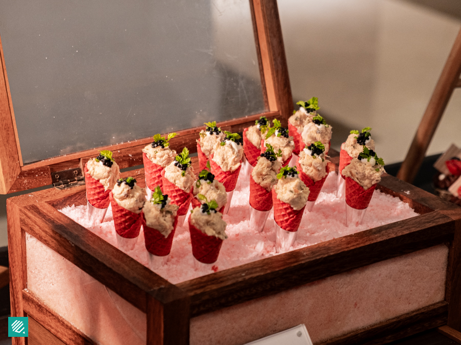 Smoked Salmon Tartare with Crème Fraiche & Black Caviar in Pink Cone