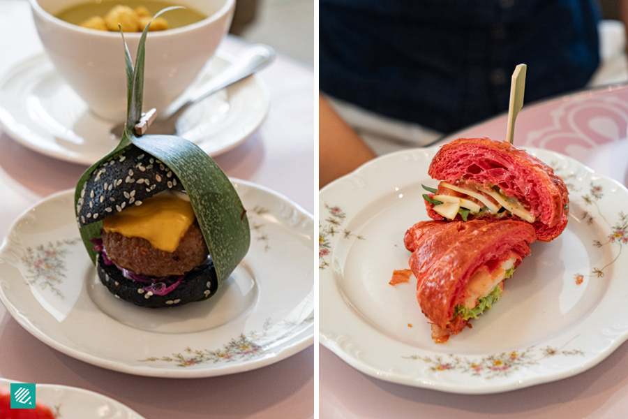 Mini Wagyu Beef Charcoal Slider with Purple Coleslaw, Chilled Prawn & Mango Salad With Marie Rose Sauce Croissant, Caprese Salad With Pesto Croissant