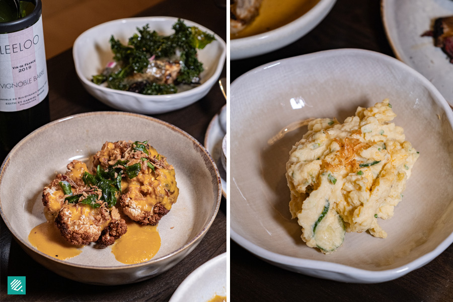 Grilled Cabbage with Kaffir Lime Sauce, Smoked Cauliflower with Braised Corn Sauce, Roasted Ebi Potato Salad.