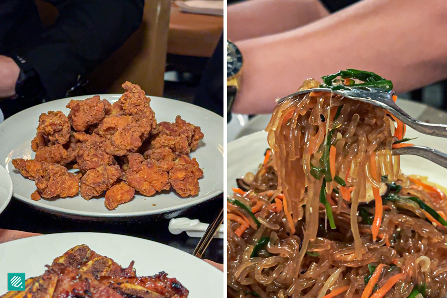 Korean Seasoned Fried Chicken and Vegetarian Japchae Glass Noodles