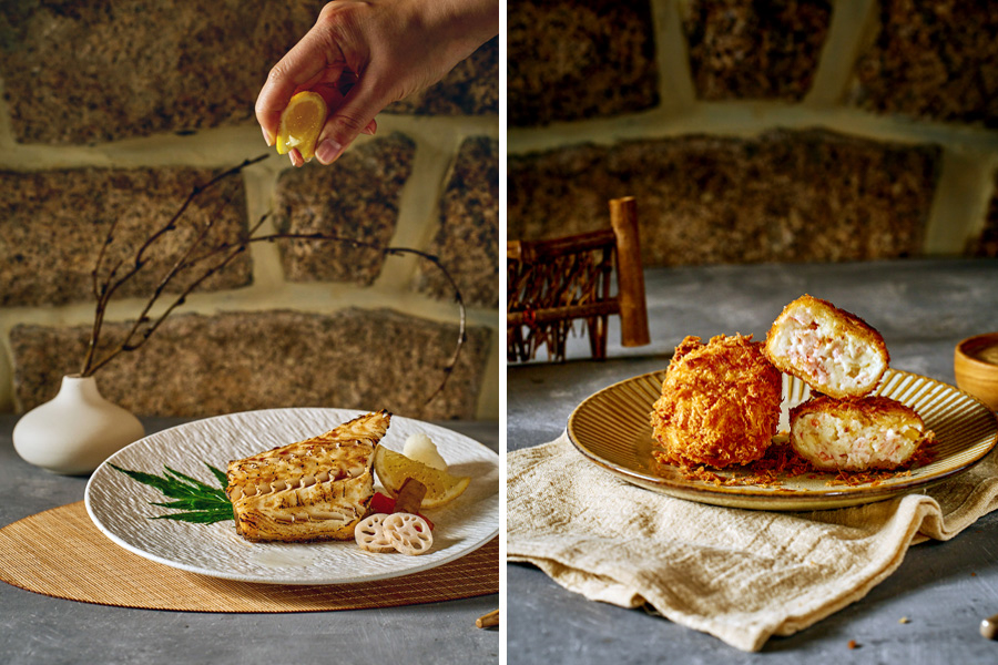 Creamy Prawn Croquette with Sesame Sauce and Citrus-Soy Grilled Cod Fish