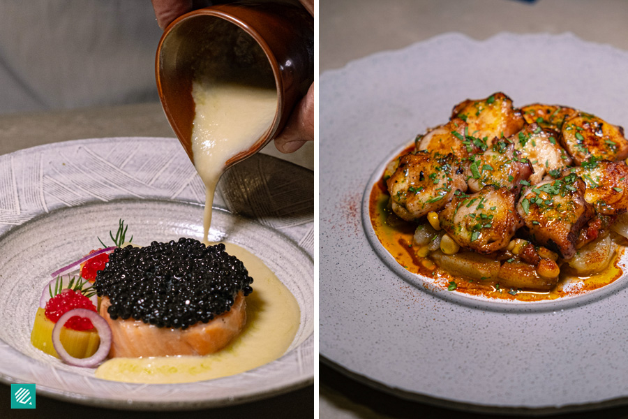 Pulpo de Galicia and Tea-Smoked King Salmon with Avruga Caviar