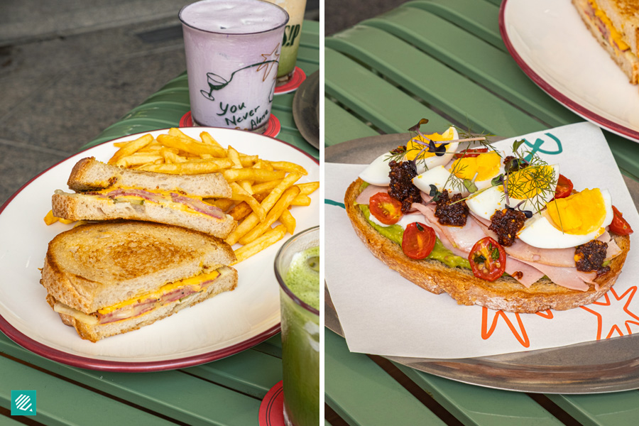 Beef Pastrami Grilled Cheese Sandwich and Mortadella Tartine