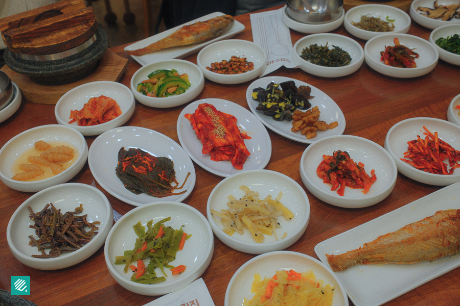 A table full of side dishes served in a typical restaurant in Chungcheongbuk-do