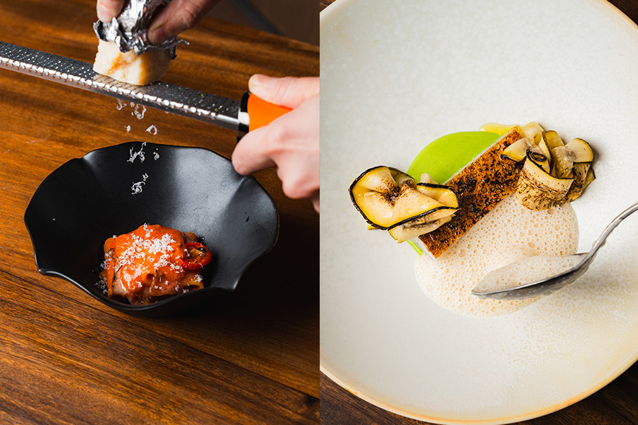 Paccheri Amatriciana served tableside at Assaggi Singapore and Sea Bass main dish