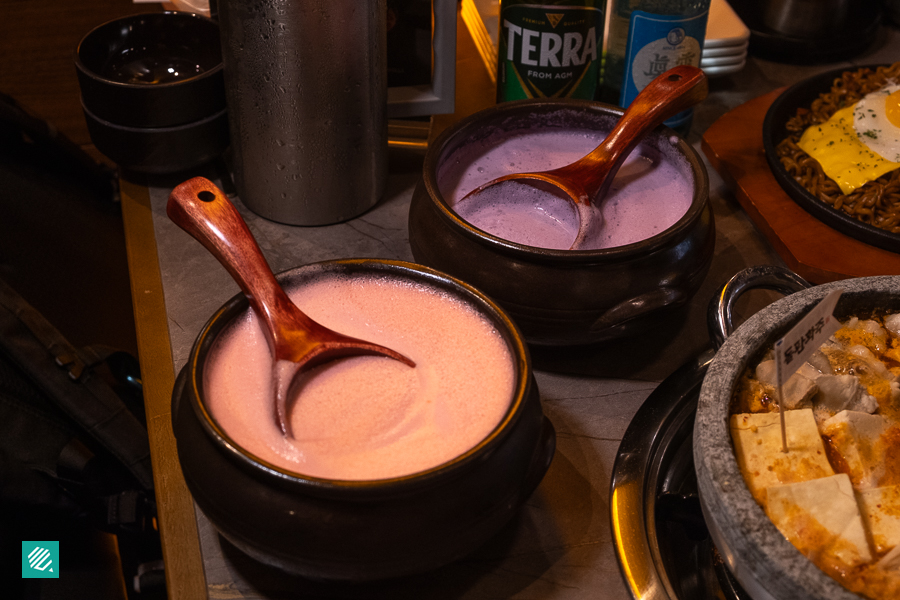 Strawberry Makgeolli and Ube Makgeolli served in Dolpan Hwajoo Singapore over at Tanjong Pagar