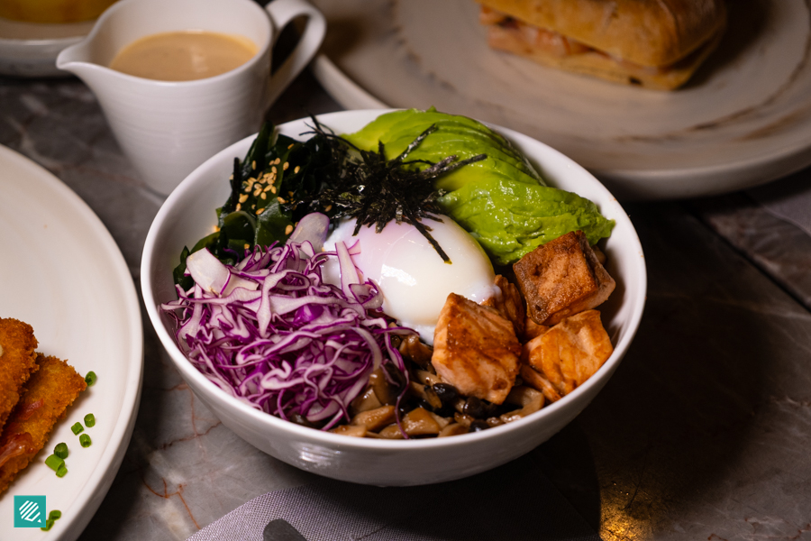 Signature Salmon Poke Bowl with truffle miso at Garden Café, One-Ninety Bar