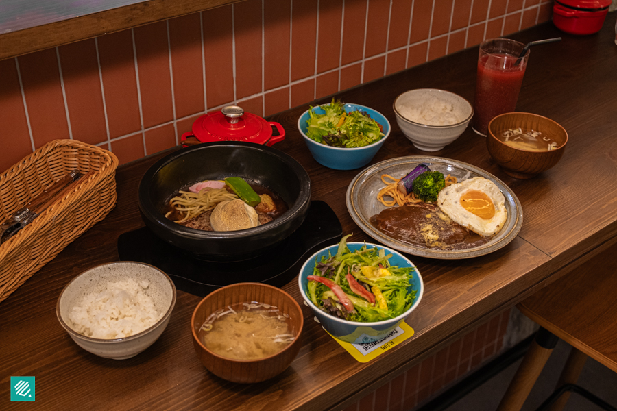 Tamagoyaki Nose Hamburg and Yamamoto Hamburg sets at Yamamoto's Hamburg Lau Pa Sat, with rice, miso soup, salad and house-made vegetable juice